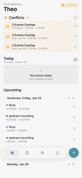 Tilly mobile app showing unified calendar