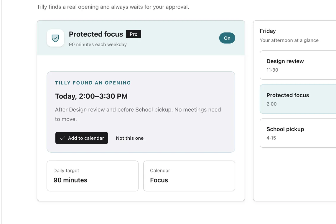 Illustrative Pro focus suggestion for 2 to 3:30 PM with an Add to calendar approval action