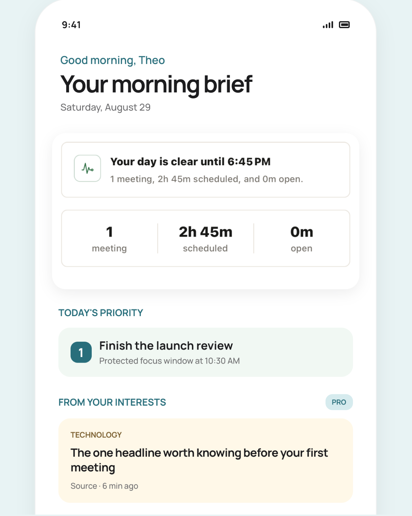 Tilly iPhone morning brief, preserved from its released App Store screenshots