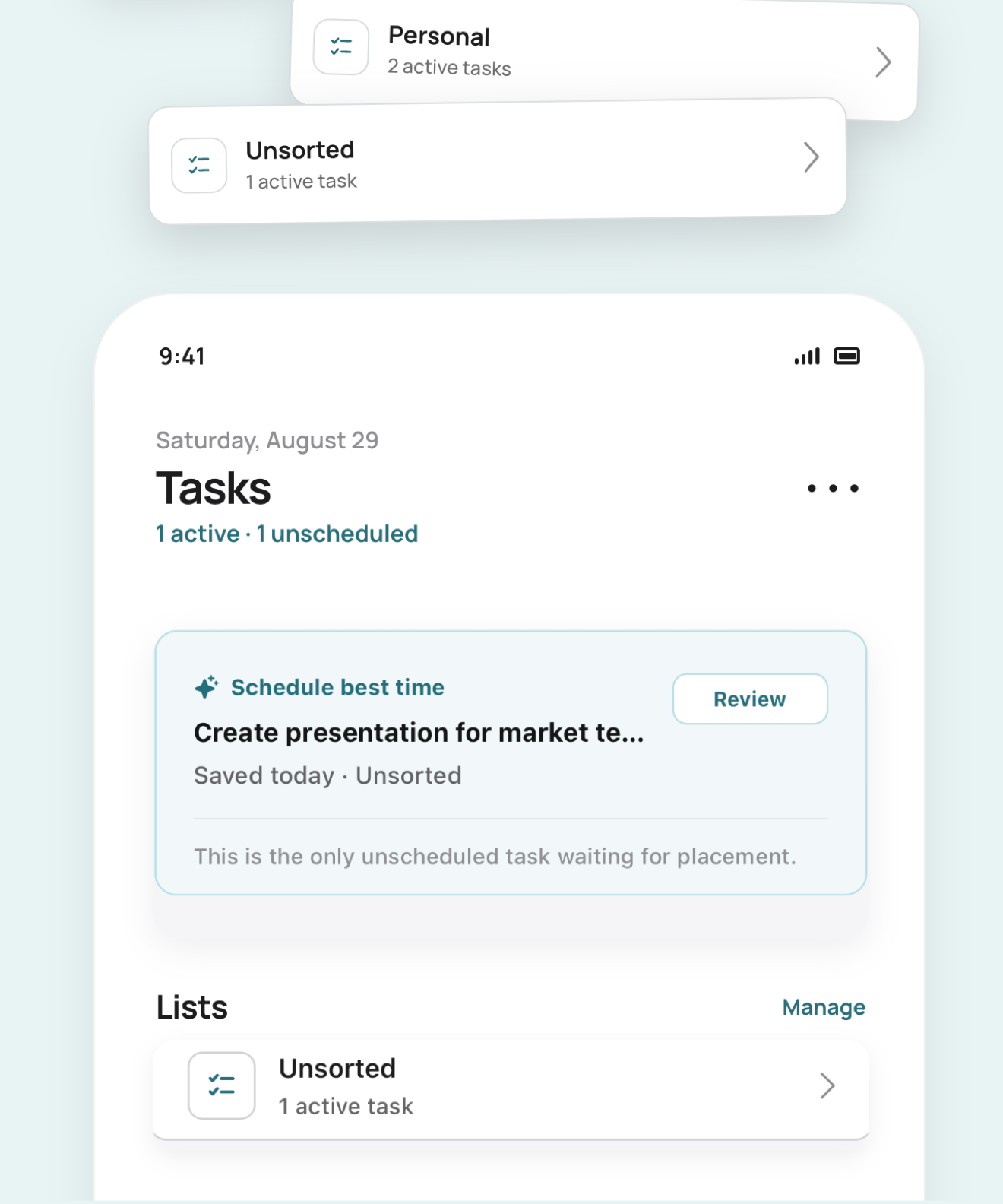 Tilly iPhone Tasks screen with a task waiting for scheduling review and an Unsorted list
