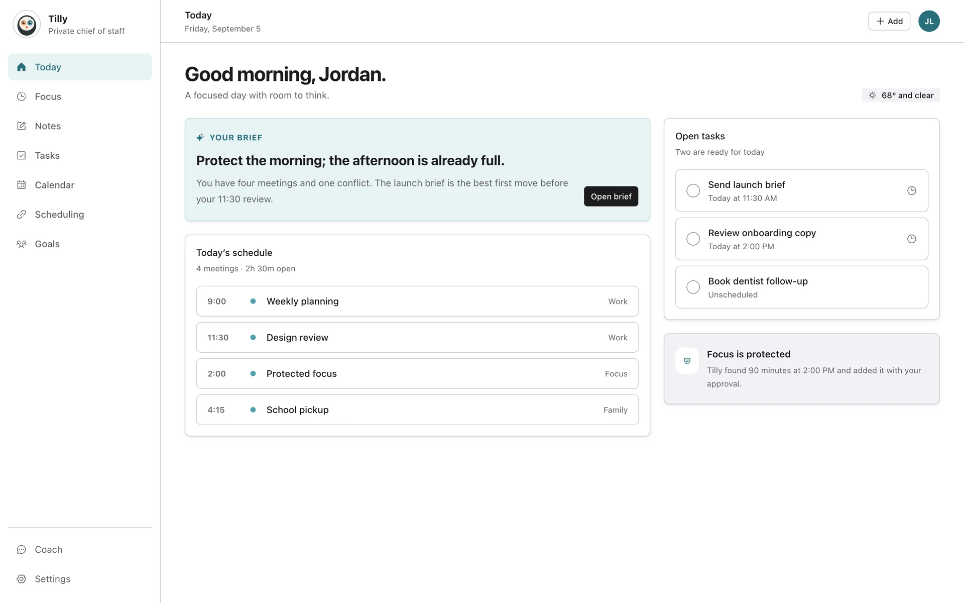 Tilly day overview; iPhone App Store morning brief on narrow screens, web fixture on wider screens