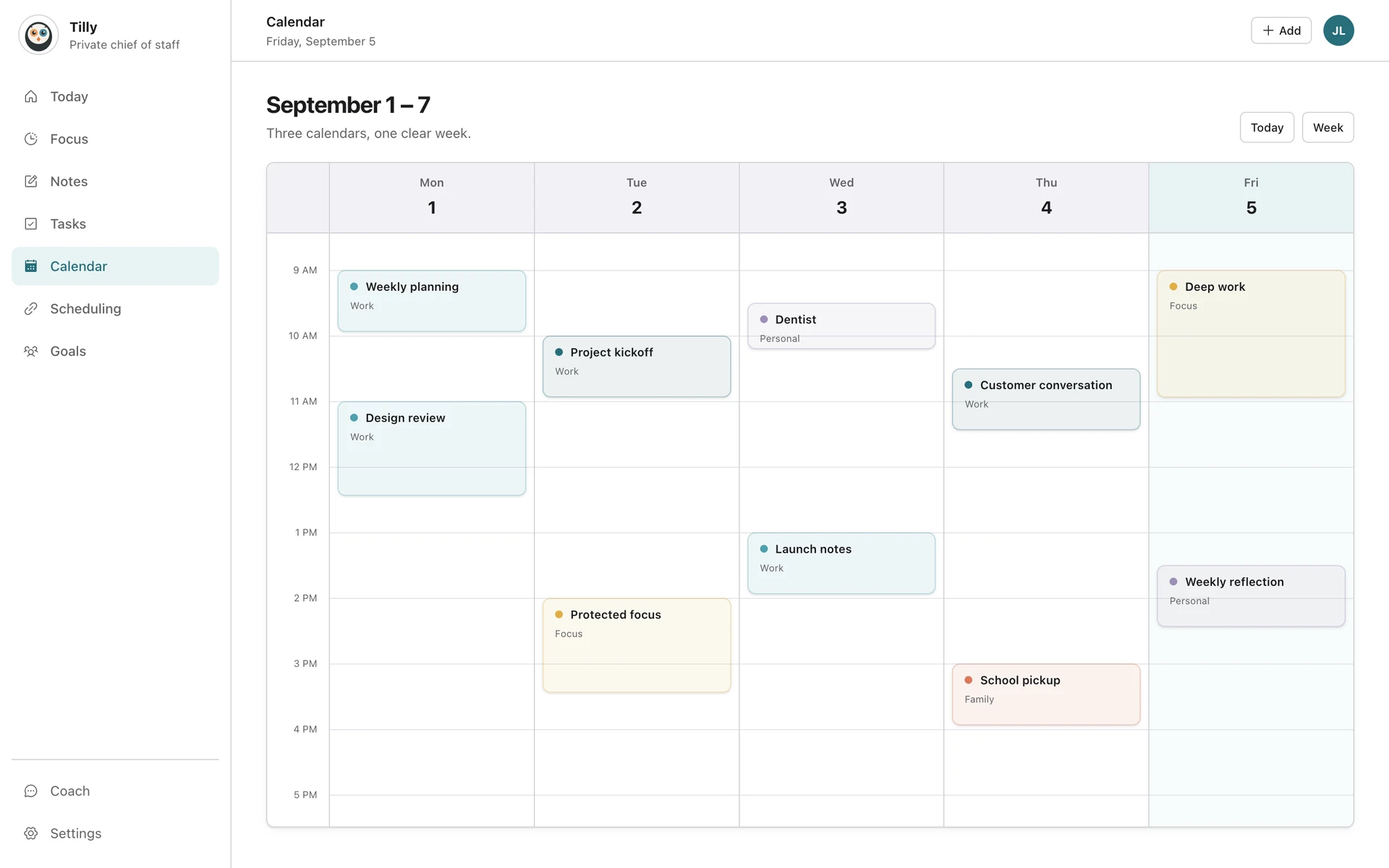 Illustrative week view bringing work, personal, family and focus events into one calendar