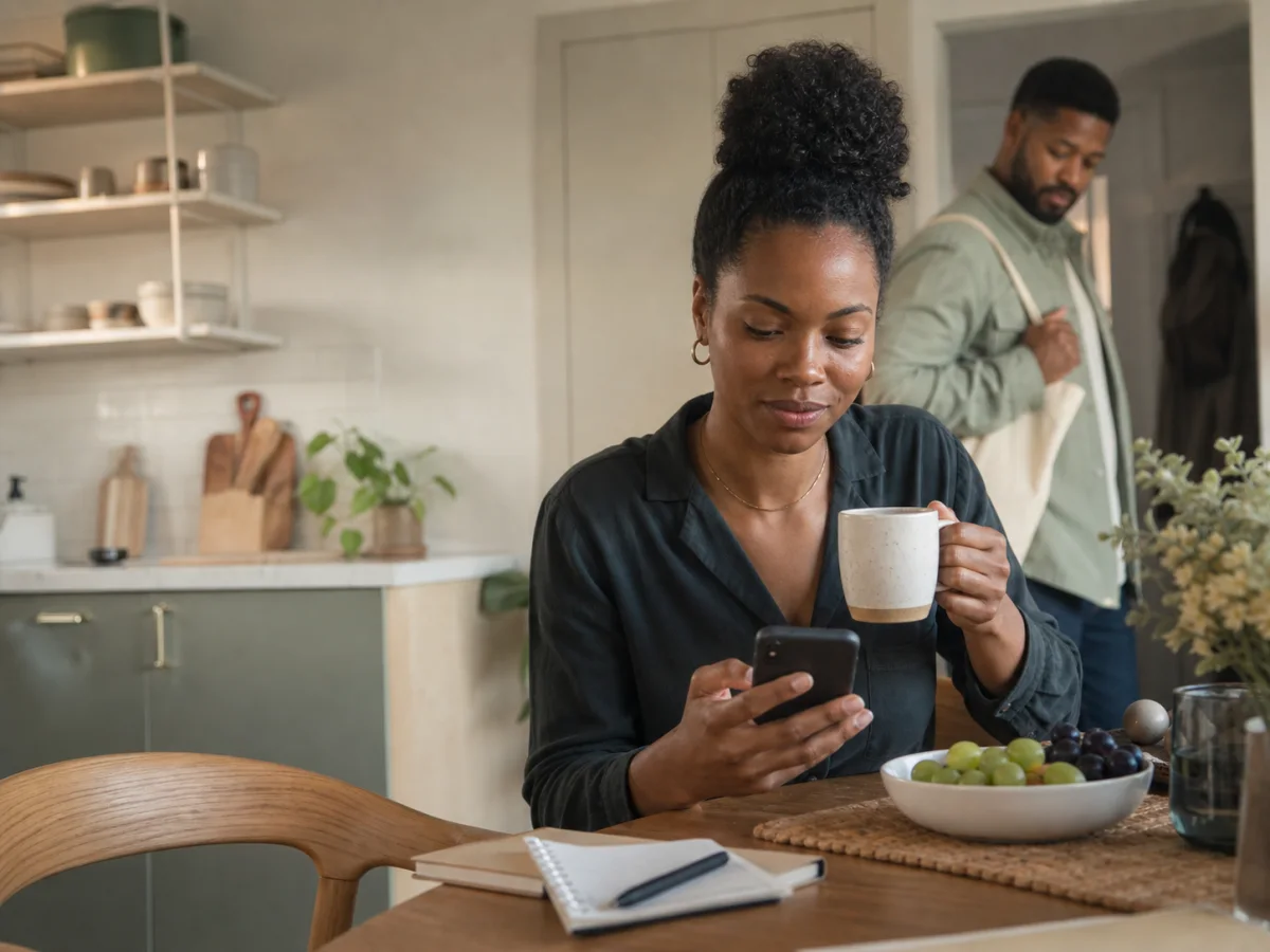 Two people coordinating a busy morning at home while checking a phone calendar