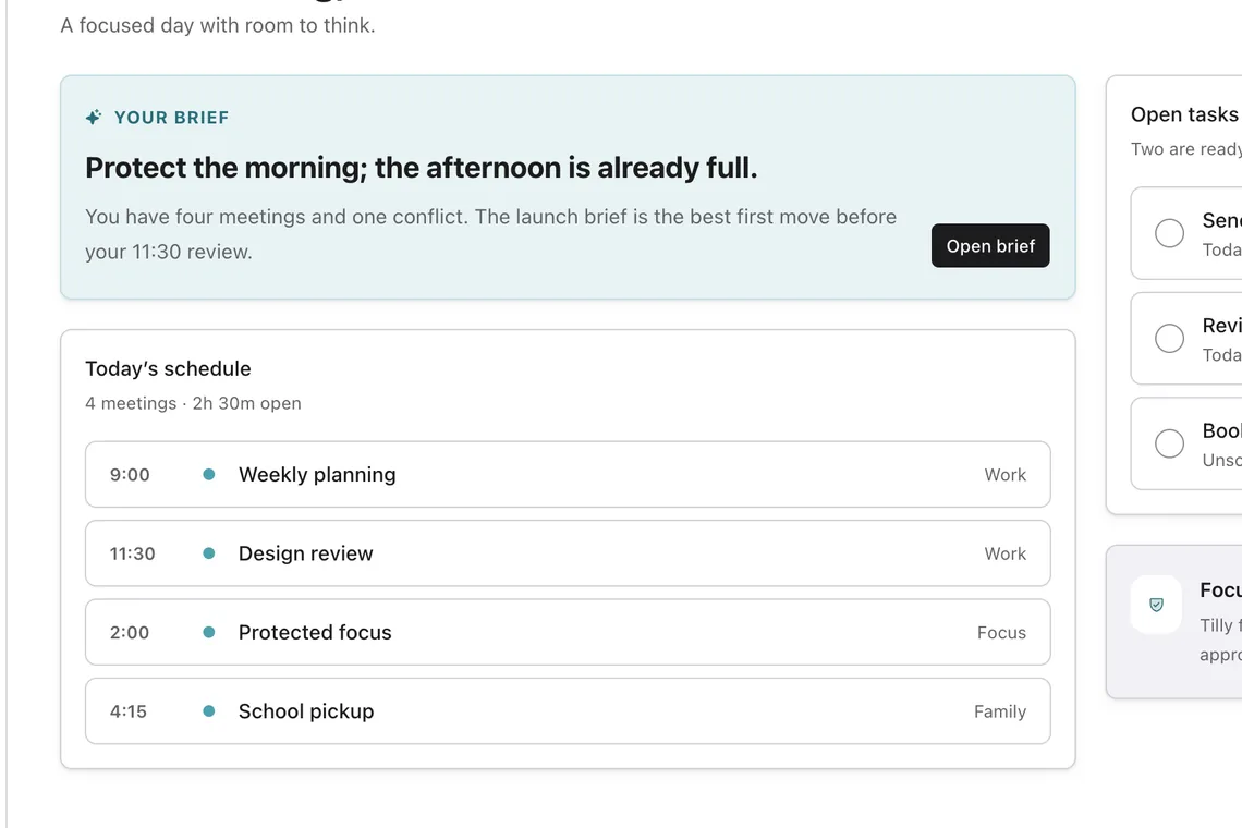 Tilly’s Today view showing the schedule, open tasks, and protected focus time