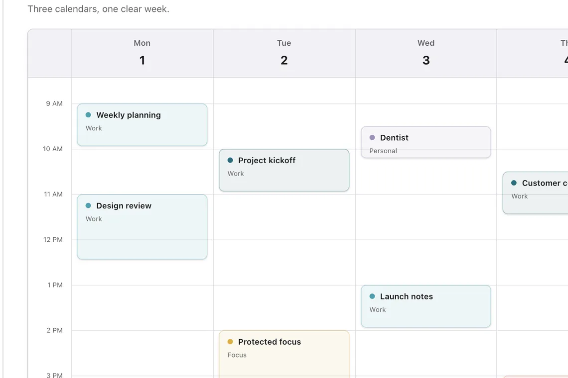 Tilly on the web showing a full week across three calendars